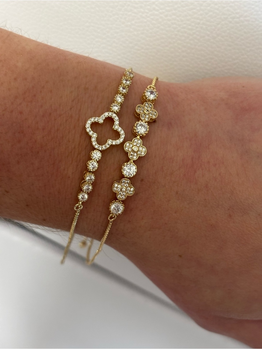 Gold Tone Clover Crystal Bracelet Set - adjustable fit